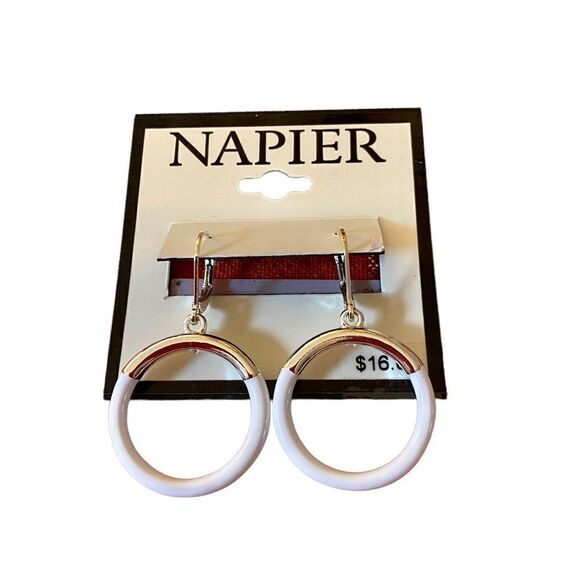 Napier White & Silver Drop Hoop Lever Back Earrings. - Picture 1 of 6